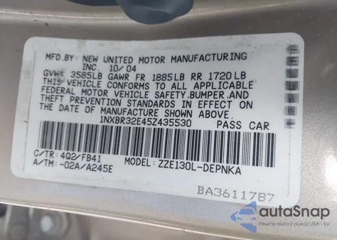 2005 Toyota Corolla Le z USA, uszkodzony, nr VIN 1NXBR32E45Z435530